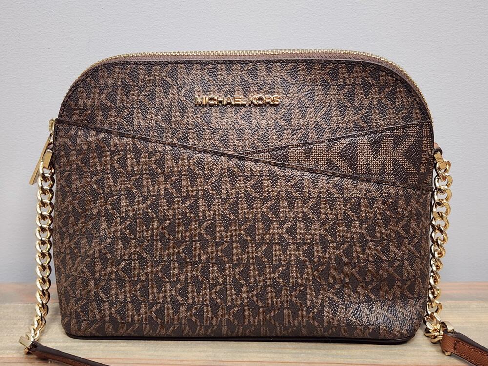 MICHAEL KORS JET SET TRAVEL MEDIUM DOME CHAIN CROSSBODY BAG TOTE MK BROWN LOGO
